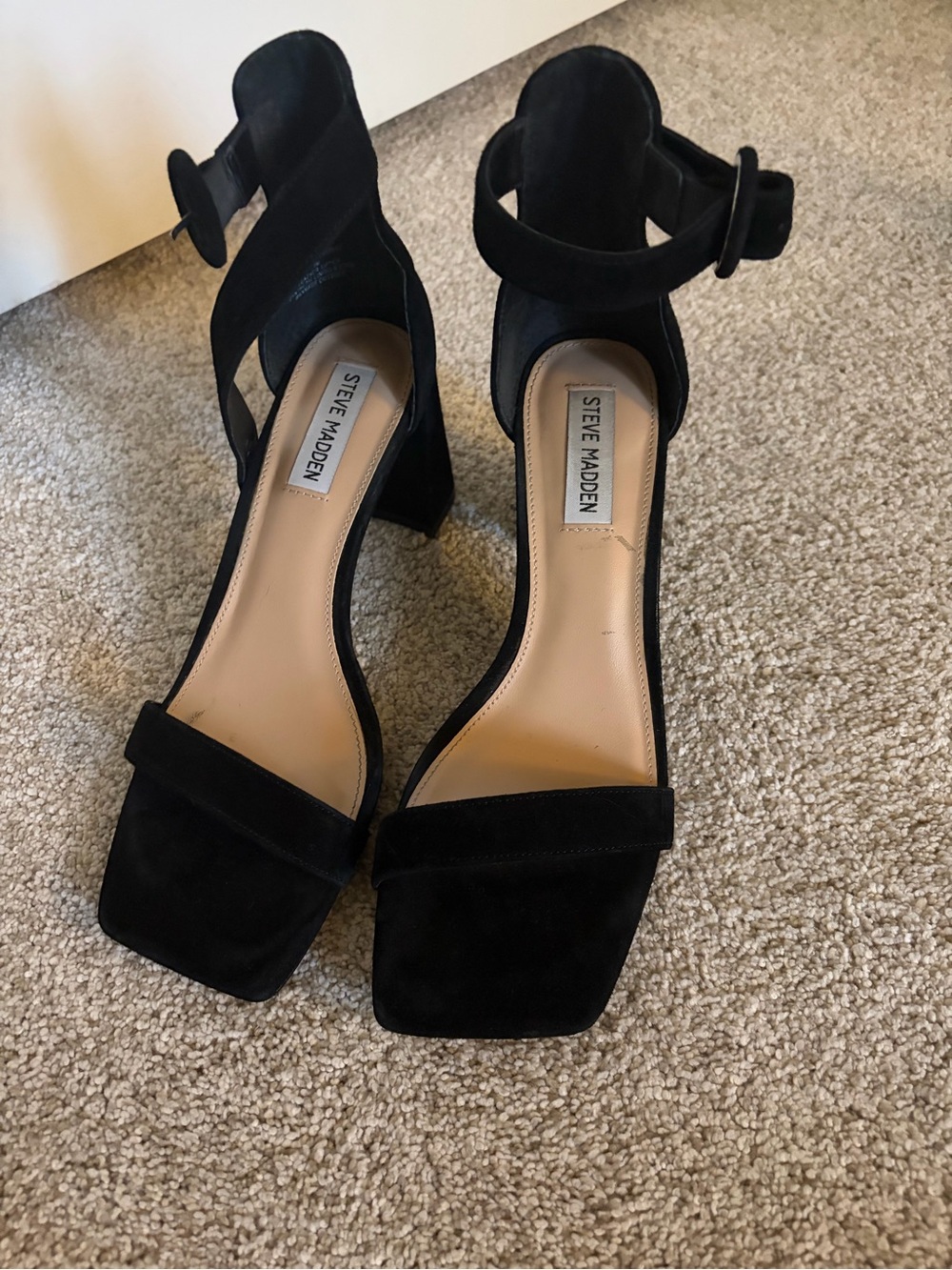 Steve Madden Black Suede Square-Toe Ankle-Strap Block Heels